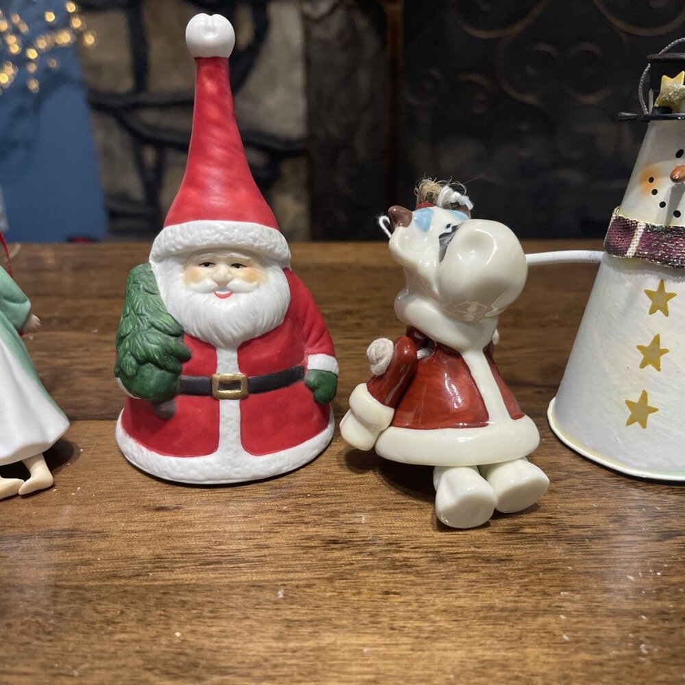 4 Bell Shaped Christmas Ornaments Dangling Legs Santa, Cow,Angel,‎ Snowman READ